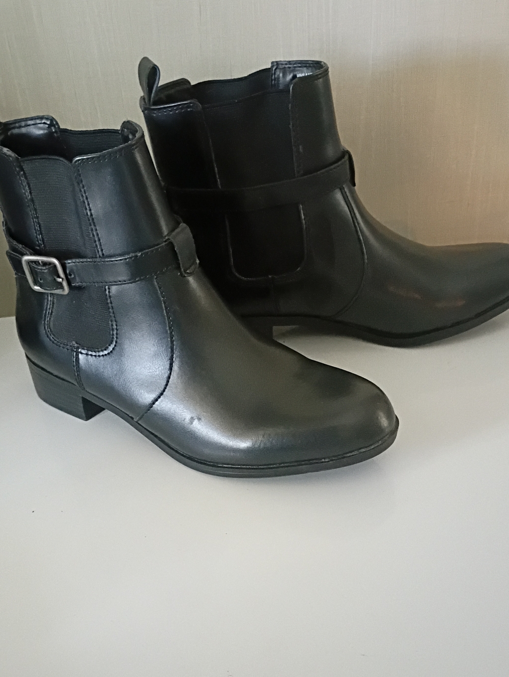 Croft & Barrow Pull On Black Boots With Decorative Buckle Strap Leather And Faux